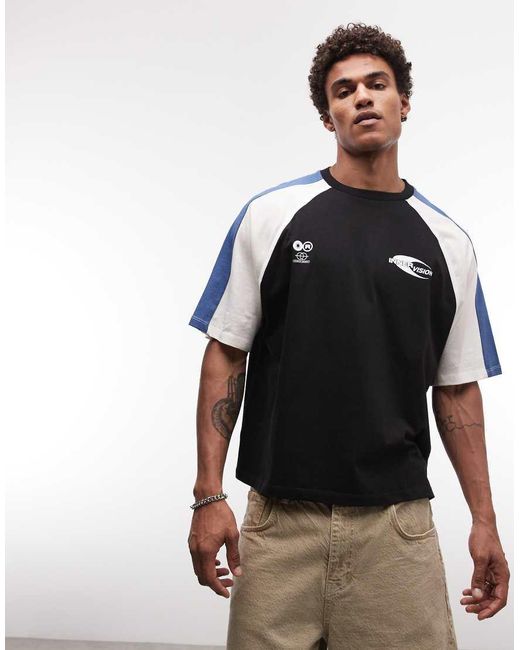 ASOS Black Boxy Oversized Cut And Sew T-Shirt With Sports Graphic for men