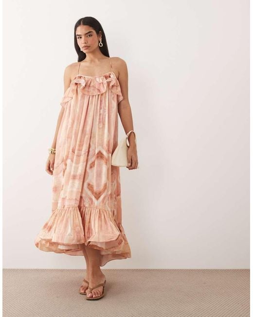 Vero Moda Pink Voluminous exaggerated Ruffle Cami Satin Midi Dress