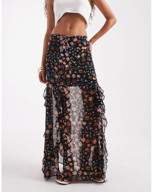 ASOS White Ruffle Chiffon Printed Maxi Skirt