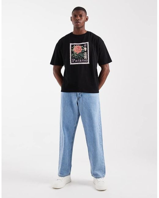 ASOS Oversized Recht T-Shirt Met Bloemenpostzegelprint in het Blue voor heren