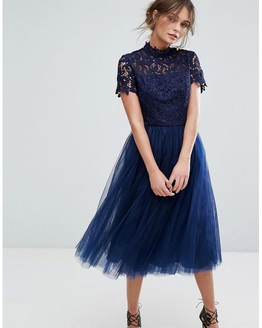 Chi Chi London Blue High Neck Lace Midi Dress With Tulle Skirt