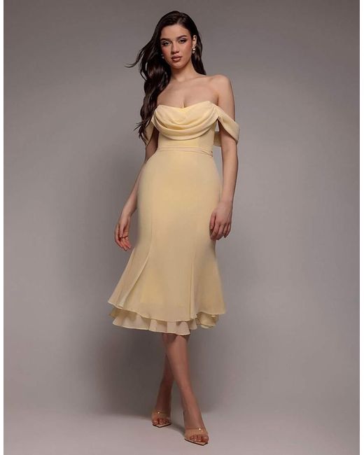 Goddiva Brown Chiffon Cowl Off Shoulder Wing Tiered Midi Dress