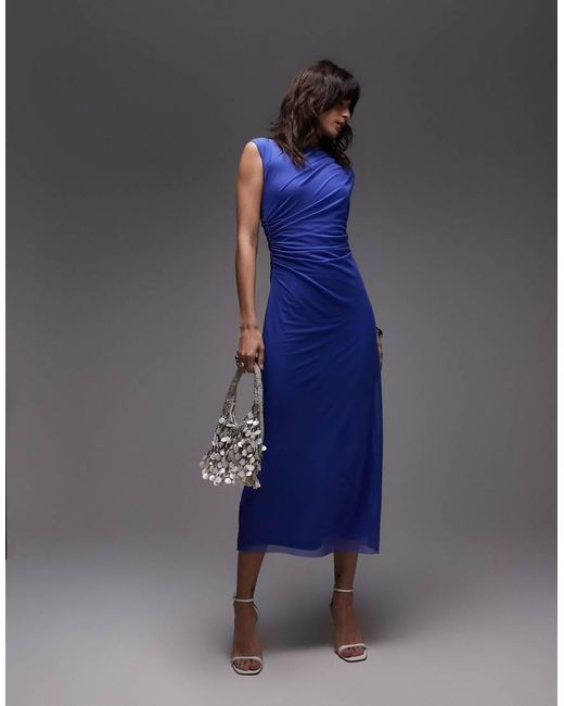& Other Stories Blue Mesh Midi Dress With Drape Detail