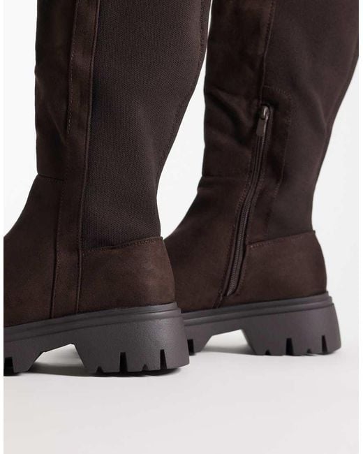 SEQWL Wide Fit Brown Twirl Faux Suede Chunky Knee Boots