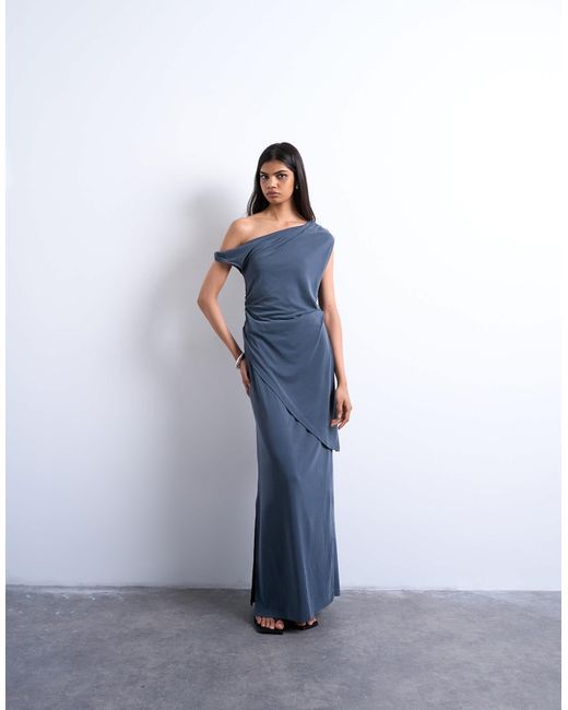 TOPSHOP Blue Cupro Twist Detail Bardot Asymmetric Tunic Top