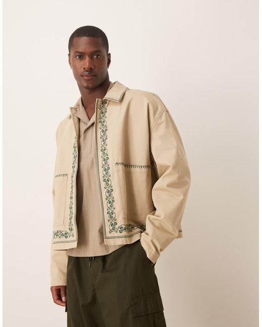 ASOS Natural Embroidered Harrington Jacket for men