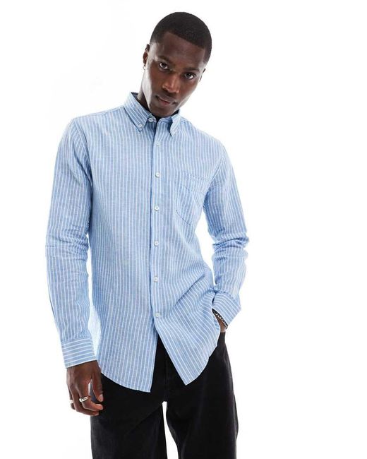 Ben Sherman Blue Long Sleeve Linen Wide Stripe Shirt for men