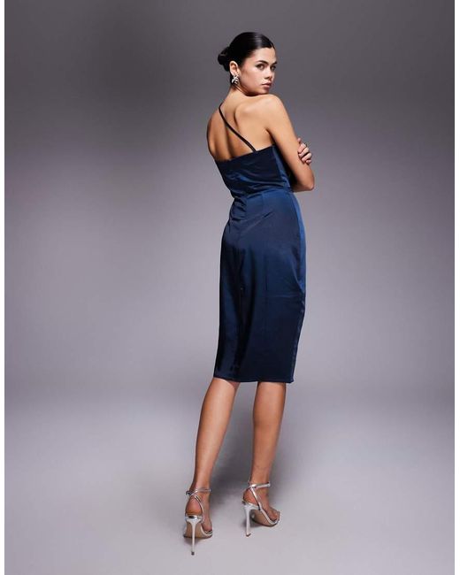 Vesper Blue Pleat Detail Strappy Satin Midi Dress