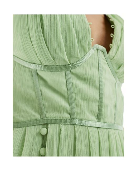 ASOS Green Corset Plunge Pleated Midi Dress With Button Detail