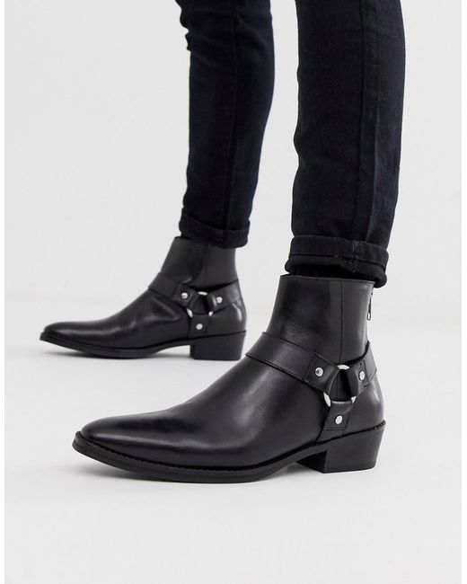 ASOS Cuban Heel Western Chelsea Boots In Black Leather With Buckle ...