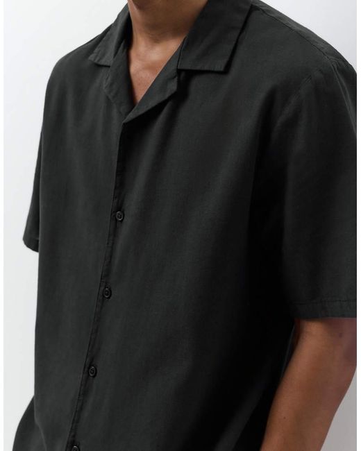 Pull&Bear Black Short Sleeve Linen Blend Shirt for men