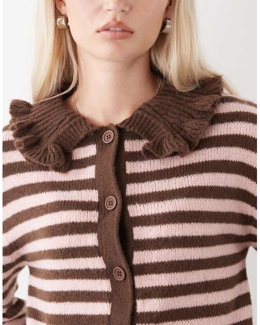 Collusion Brown Stripe Knitted Cardi With Frill Collar