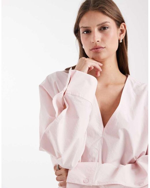 & Other Stories Pink Pure Cotton Poplin V Neck Balloon Shape Blouse