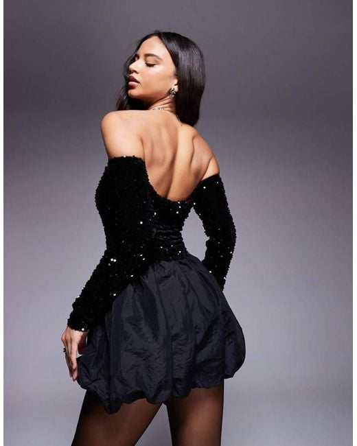 ASOS Black Sequin Long Sleeve Bardot Bubble Hem Mini Dress