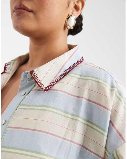 ASOS White Asos Design Curve Sasha Beach Resort Shirt Co Ord With Stitch Detail