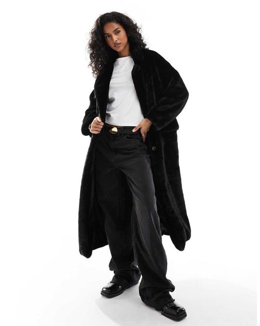 Pull&Bear Black Faux Fur Longline Coat