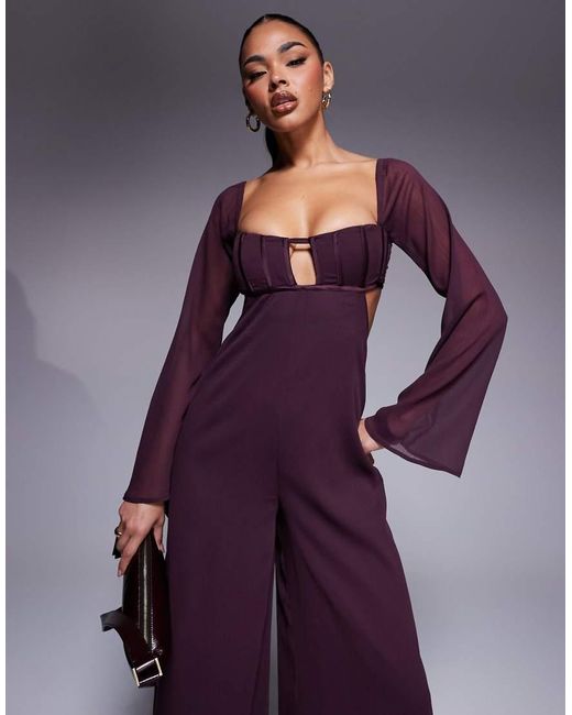 ASOS Purple Satin Corset Bust Wide Leg Jumpsuit With Cut Out