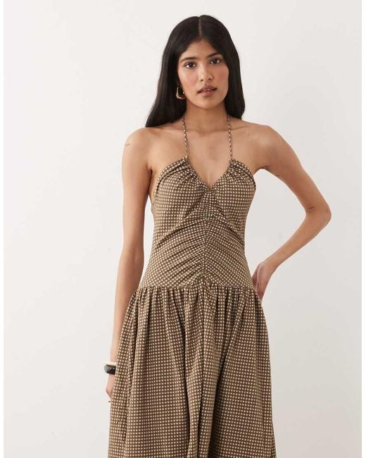 Mango Natural V-Neck Sleeveless Ruched Waist Midi Dress