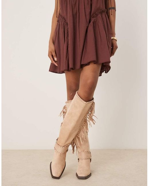 ASOS Natural Cristina Western Fringe Knee Boots
