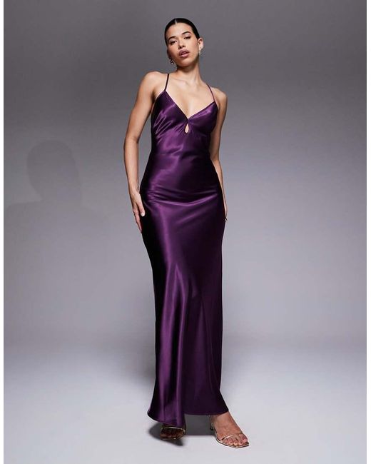 Aria Cove Purple Satin Keyhole Detail Open Tie Back Maxi Dress
