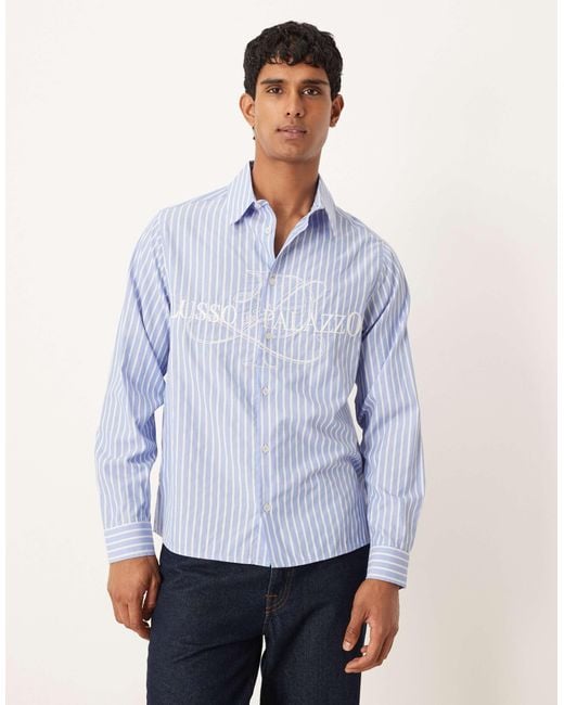 ASOS Blue Relaxed Fit Striped Shirt With Embroidery for men