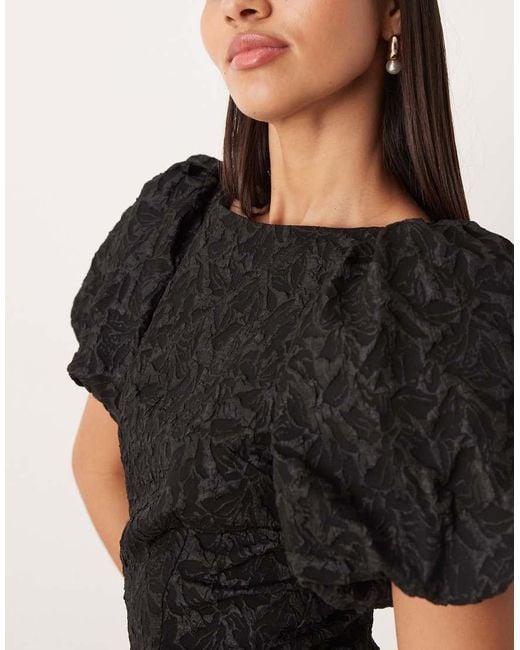 Gina Tricot Black Puff Sleeve Jacquard Print Midi Dress