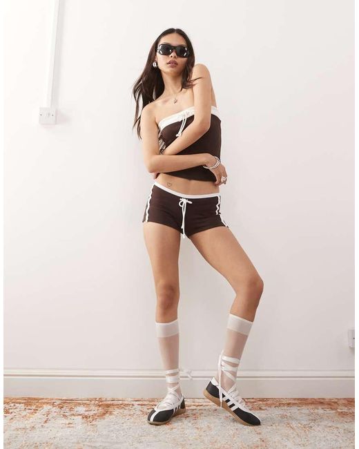 Monki Natural Tie Waist Hotpants With Varsity Print