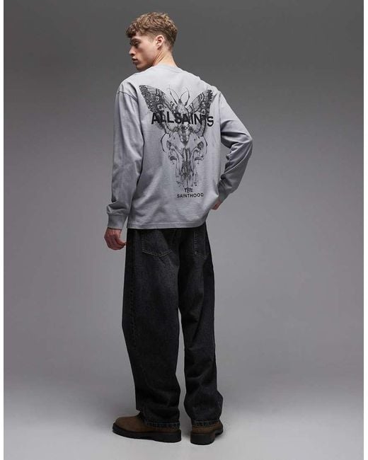 AllSaints Gray Hallis Long Sleeve Graphic Logo T-shirt With Back Print for men