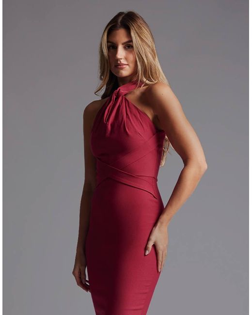 Vesper Red Halteneck Bodycon Midaxi Dress With Cross Straps