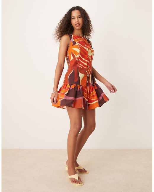 ASOS Orange Button Down Dropped Waist Mini Dress With Straight Neck