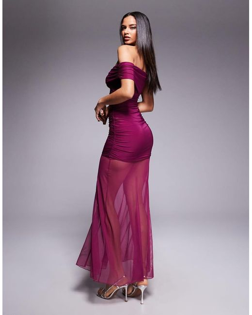 Kaiia Purple Exclusive Double Layered Slinky Asymmetric One Shoulder Sheer Hem Maxi Dress