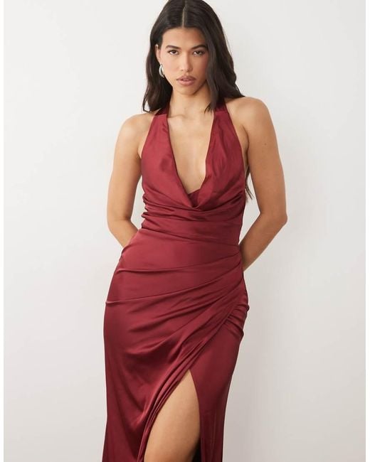 TFNC London Red Bridesmaid Satin Halter Neck Cowl Plunge Split Detail Maxi Dress