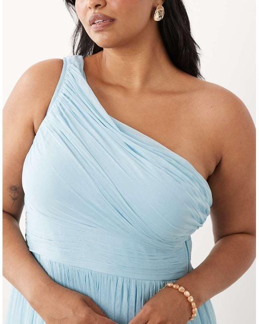 Lace & Beads Plus Blue Bridesmaid Tulle One Shoulder Fitted Waist Maxi Dress
