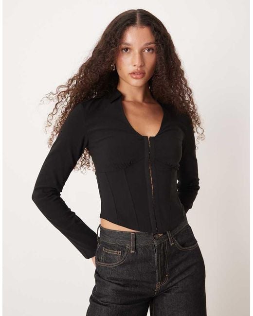 Gina Tricot Black Long Sleeve Hook And Eye Corset Style Top