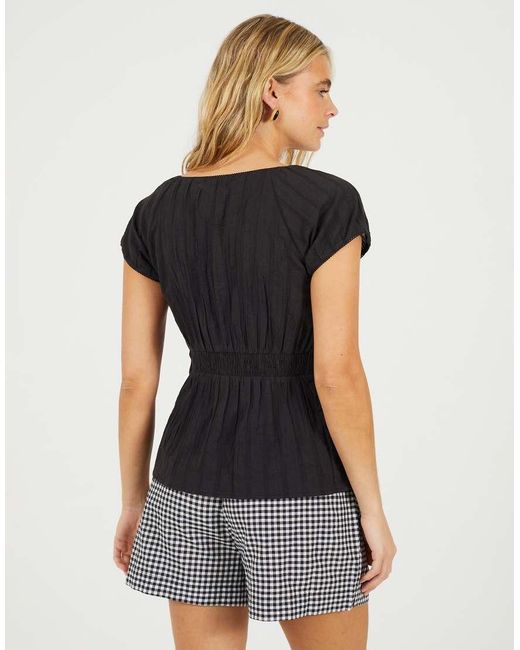 Brave Soul Black Woven Short Sleeve Button Down V-Neck Top