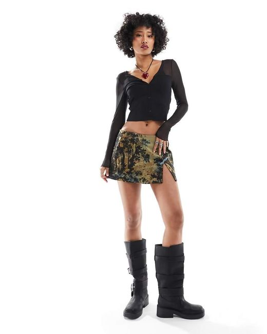ONLY Geribbelde Crop Top Met V-Hals En Mesh-Detail in het Black