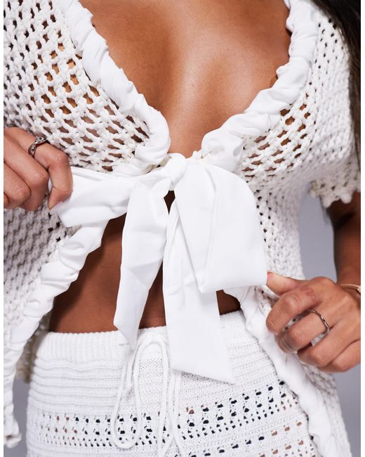 Gilet en maille au crochet à manches courtes - crème River Island en coloris White