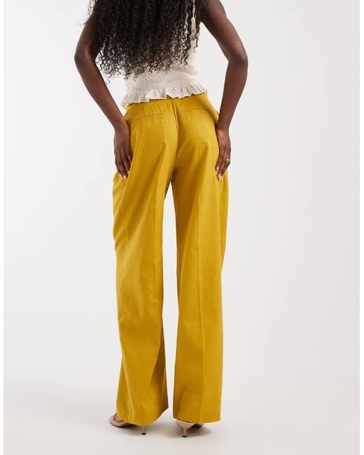 ASOS Yellow Tailored Linen Look Wide Leg Pants With Pleat Detail