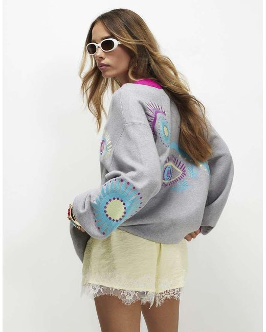 River Island Gray Long Sleeve Embroidered Motif Cardigan