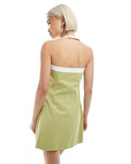 4th & Reckless Green Linen Look Contrast Edge Halterneck Mini Dress