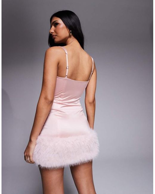 Oh Polly Purple Satin Square Neck Corset Faux Fur Trim Mini Dress