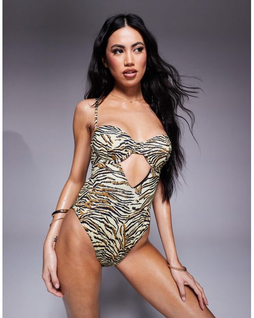 ASOS Multicolor – gia – bügel-badeanzug mit zierausschnitt und animalprint