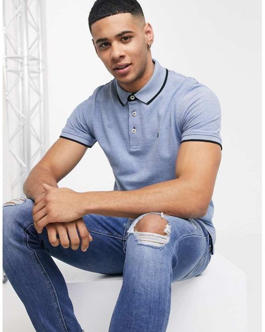 Jack & Jones Blue Essentials Slim Fit Tipped Pique Logo Polo for men