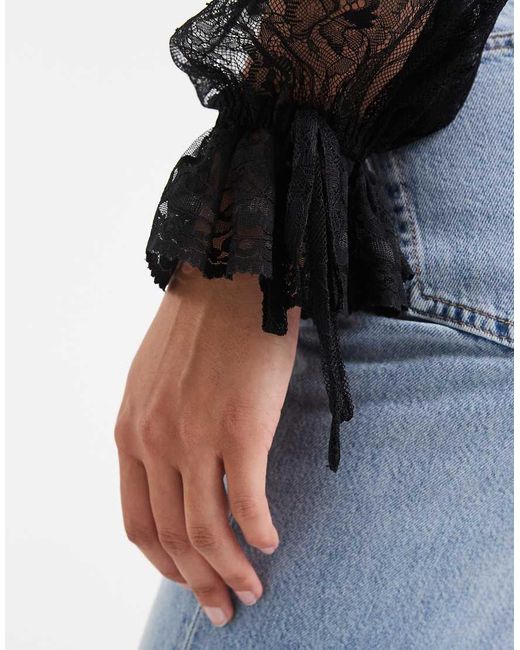Miss Selfridge Black Lace Tie Front Ruffle Blouse