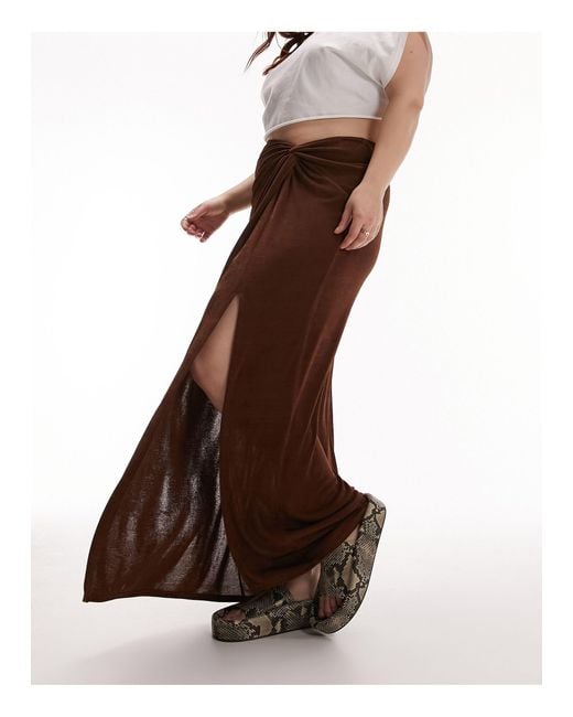 TOPSHOP Brown Curve Slinky Twist Front Maxi Skirt