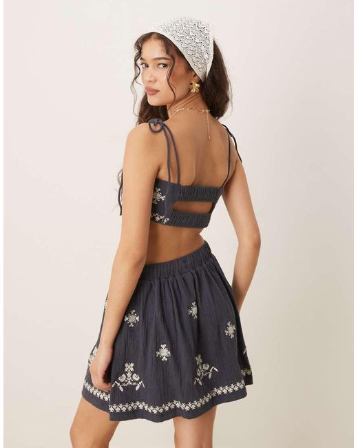 ASOS Blue Co-ord Crinkle Embroidered Tie Shoulder Cami Top
