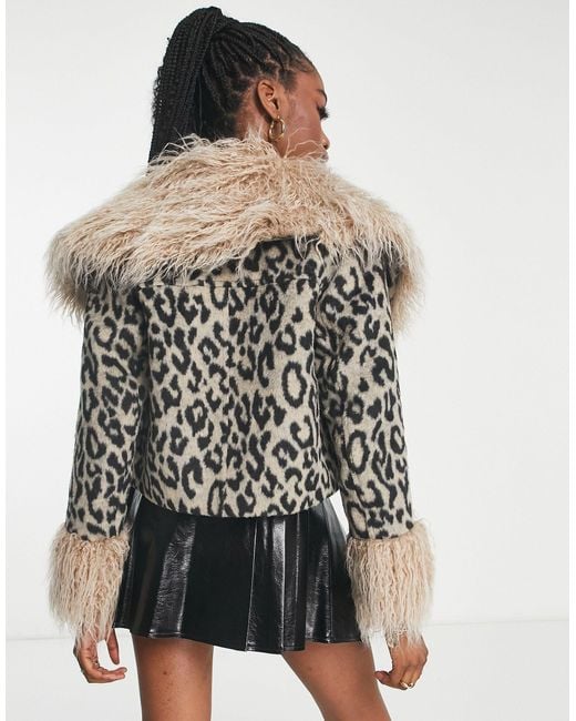 Miss Selfridge Leopard Faux Fur Trim Jacket in Natural Lyst UK