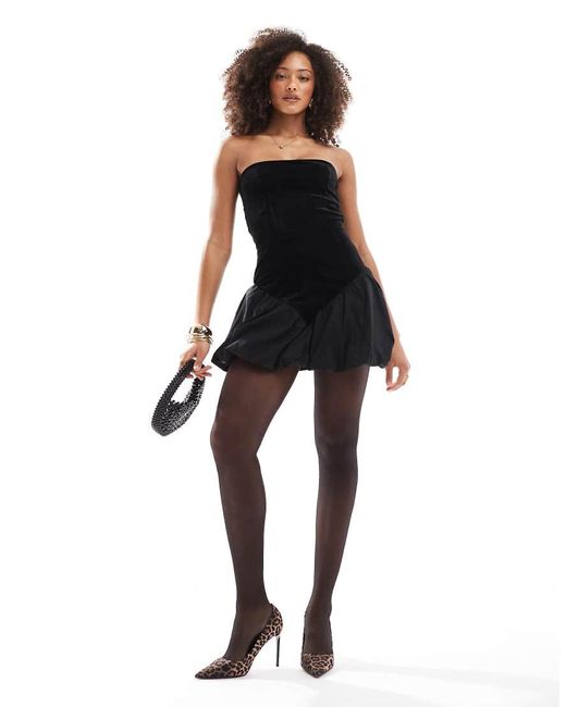 Bershka Velvet Puffball Mini Dress in Black | Lyst UK