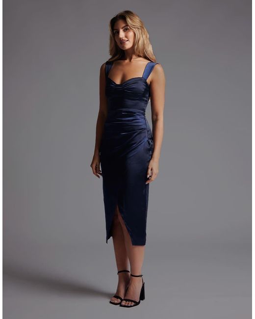 Vesper Blue Sweetheart Neckline Satin Midaxi Dress With Split