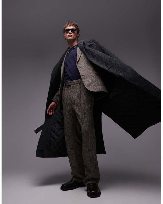 Topman Black High Waisted Relaxed Textured Suit Trousers for men